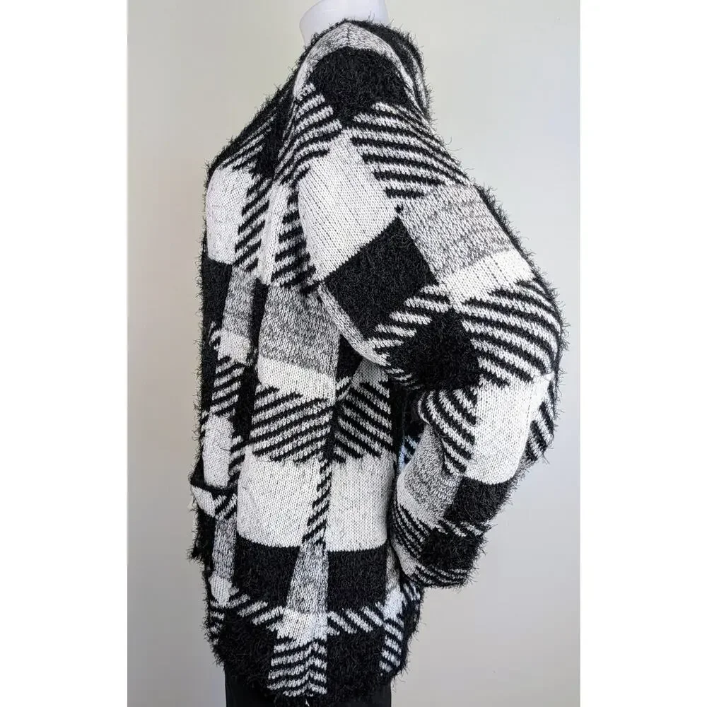 Ashley Stewart Cardigan Sweater 3X Black White Buffalo Check Fuzzy Knit Preppy